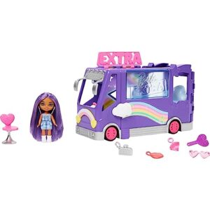 barbie extra mini minis doll and vehicle playset, expandable tour bus with small doll, clothes and accessories