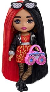 barbie extra minis doll & accessories with red & black hair, toy pieces include flame-print dress & moto jacket