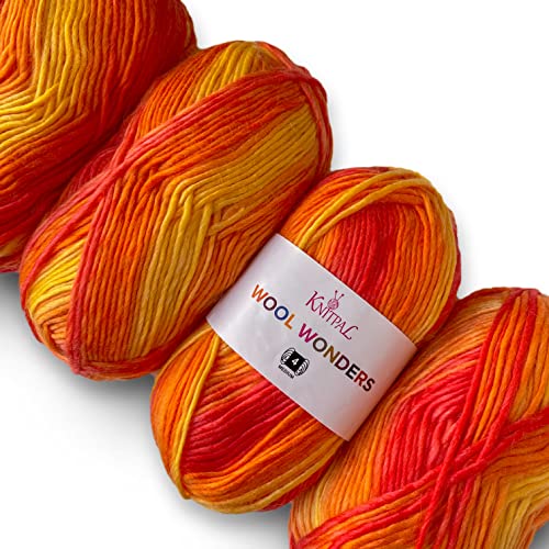 Wool Wonders Medium Heavy Worsted/Aran Weight #4 Super Soft Variegated Yarn for Knitting and Crochet, 30% Australian Wool and 70% Acrylic, 4 Skeins, 400g/640yds (Flaming Orange)