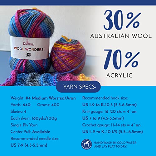 Wool Wonders Medium Heavy Worsted/Aran Weight #4 Super Soft Variegated Yarn for Knitting and Crochet, 30% Australian Wool and 70% Acrylic, 4 Skeins, 400g/640yds (Flaming Orange)