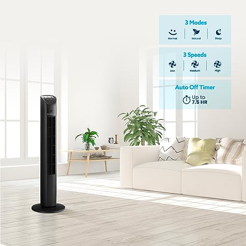 NEXAIR 36” Oscillating Tower Fan, 3 Speed Portable Fan Tower With Remote Control, Quiet Operating Floor Fan for Bedroom with 7.5 Hr Auto Off Timer, Modern Design Room Cooling Fan For Home & Office