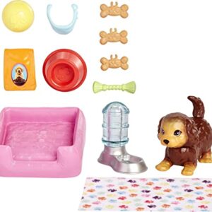 Barbie Pets and Accessories, Interactive Wagging & Nodding Puppy Playset with Pet Bed, 11 Total Animal-Themed Pieces