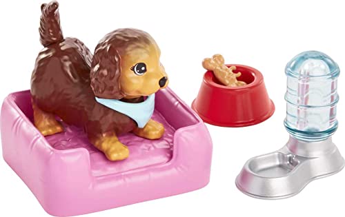 Barbie Pets and Accessories, Interactive Wagging & Nodding Puppy Playset with Pet Bed, 11 Total Animal-Themed Pieces