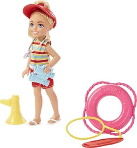 barbie chelsea can be doll & playset, blonde lifeguard small doll with removable outfit & 6 career accessories