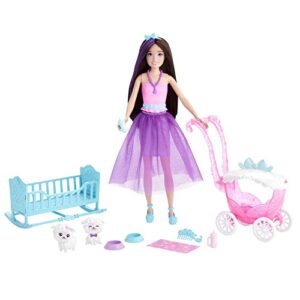barbie skipper doll and accessories, nurturing playset, brunette doll with fantasy look, 2 lambs, stroller, crib and accessories