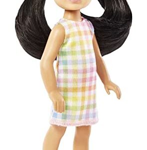 Barbie Chelsea Doll, Small Doll with Black Hair in Pigtails & Brown Eyes Wearing Removable Plaid Dress & Pink Shoes