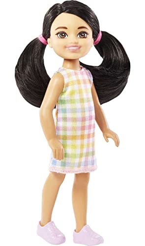 Barbie Chelsea Doll, Small Doll with Black Hair in Pigtails & Brown Eyes Wearing Removable Plaid Dress & Pink Shoes