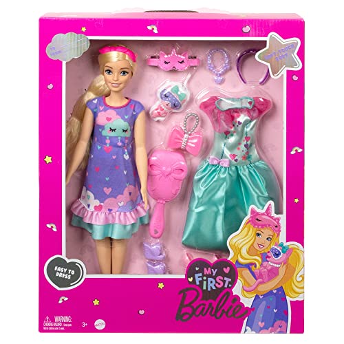 Barbie Doll for Preschoolers, My First Barbie “Malibu” Deluxe Doll, Blonde with Accessories, Soft Poseable Body, Party & Bedtime Themed Fashions