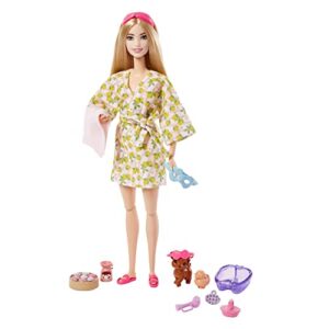 Barbie Self-Care Doll, Blonde Posable Spa Day Doll in Lemon Bathrobe with Puppy & Accessories Like Headband & Eye-Mask