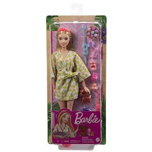 Barbie Self-Care Doll, Blonde Posable Spa Day Doll in Lemon Bathrobe with Puppy & Accessories Like Headband & Eye-Mask