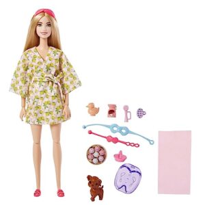 barbie self-care doll, blonde posable spa day doll in lemon bathrobe with puppy & accessories like headband & eye-mask