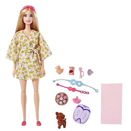 Barbie Self-Care Doll, Blonde Posable Spa Day Doll in Lemon Bathrobe with Puppy & Accessories Like Headband & Eye-Mask