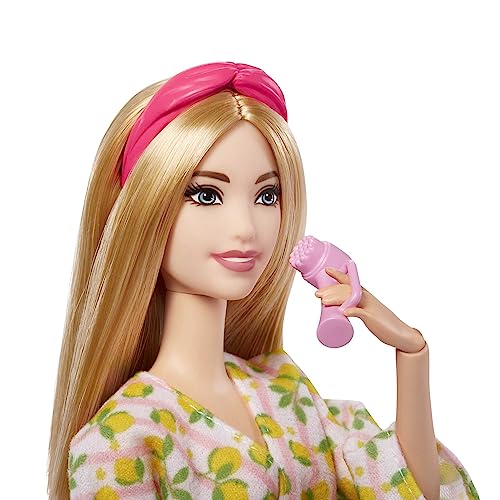 Barbie Self-Care Doll, Blonde Posable Spa Day Doll in Lemon Bathrobe with Puppy & Accessories Like Headband & Eye-Mask