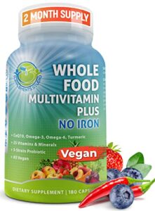 vegan whole food multivitamin without iron, daily multivitamin for men and women, organic fruits & vegetables, b-complex, probiotics, enzymes, coq10, omegas, turmeric, all natural, non-gmo, 180 count