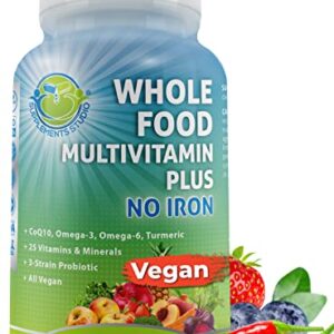 Vegan Whole Food Multivitamin without Iron, Daily Multivitamin for Men and Women, Organic Fruits & Vegetables, B-Complex, Probiotics, Enzymes, CoQ10, Omegas, Turmeric, All Natural, Non-GMO, 180 Count