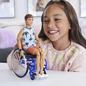 Barbie Ken Fashionistas Doll #195 with Wheelchair and Ramp Wearing Beach Shirt, Orange Shorts and Accessories