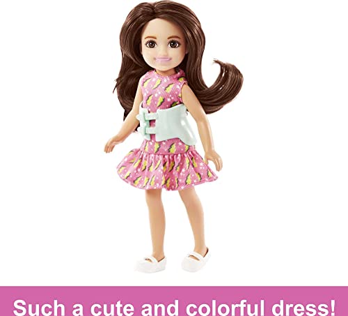 Barbie Chelsea Doll, Small Doll with Brace for Scoliosis Spine Curvature, Brunette Wearing Pink Lightning Bolt Dress
