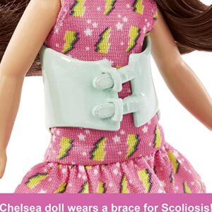 Barbie Chelsea Doll, Small Doll with Brace for Scoliosis Spine Curvature, Brunette Wearing Pink Lightning Bolt Dress