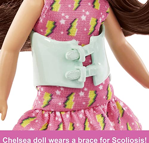 Barbie Chelsea Doll, Small Doll with Brace for Scoliosis Spine Curvature, Brunette Wearing Pink Lightning Bolt Dress