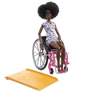 barbie fashionistas doll #194 with wheelchair and ramp, natural black hair and rainbow heart romper with accessories