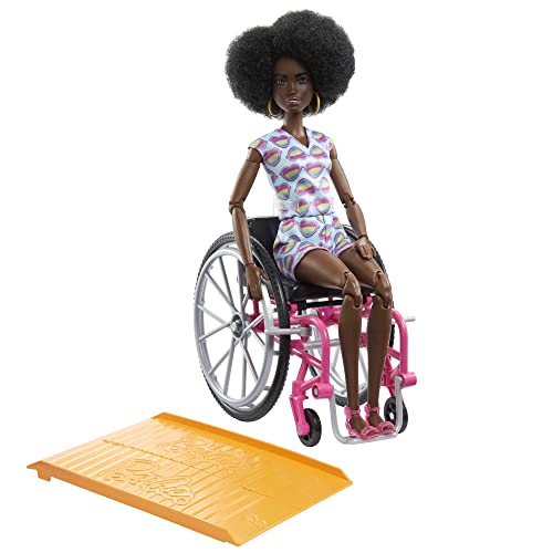 Barbie Fashionistas Doll #194 with Wheelchair and Ramp, Natural Black Hair and Rainbow Heart Romper with Accessories