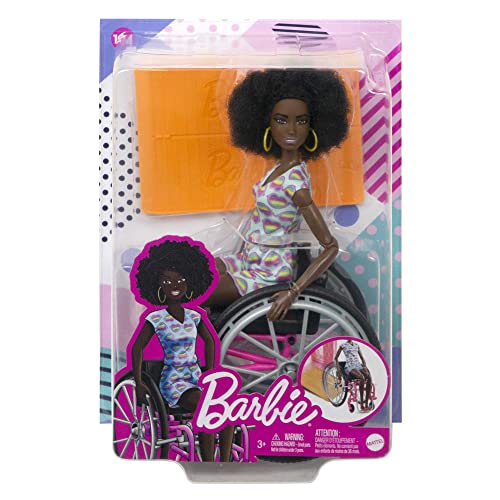 Barbie Fashionistas Doll #194 with Wheelchair and Ramp, Natural Black Hair and Rainbow Heart Romper with Accessories