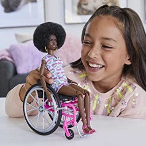 Barbie Fashionistas Doll #194 with Wheelchair and Ramp, Natural Black Hair and Rainbow Heart Romper with Accessories