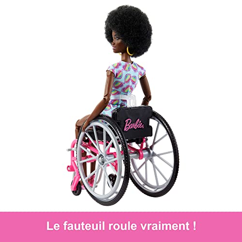 Barbie Fashionistas Doll #194 with Wheelchair and Ramp, Natural Black Hair and Rainbow Heart Romper with Accessories