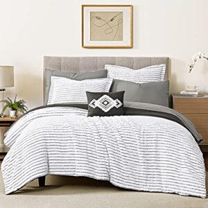 wrensonge boho queen jacquard comforter set, 8 pieces black and white striped tufted comforter set, microfiber cozy farmhouse bedding set with decor pillow, lightweight breathable for all seasons