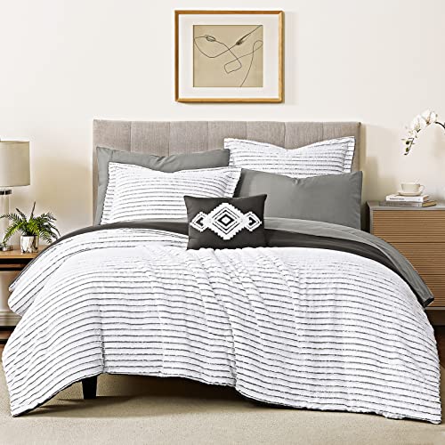 WRENSONGE Boho Queen Jacquard Comforter Set, 8 Pieces Black and White Striped Tufted Comforter Set, Microfiber Cozy Farmhouse Bedding Set with Decor Pillow, Lightweight Breathable for All Seasons