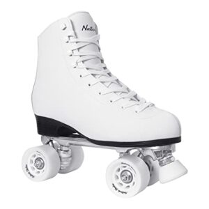 nattork roller skates for women and girls, pu leather high-top quad skates for beginner, indoor outdoor double-row skates for adults - white