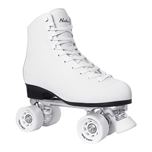 Nattork Roller Skates for Women and Girls, PU Leather High-top Quad Skates for Beginner, Indoor Outdoor Double-Row Skates for Adults - White