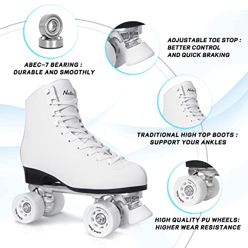 Nattork Roller Skates for Women and Girls, PU Leather High-top Quad Skates for Beginner, Indoor Outdoor Double-Row Skates for Adults - White