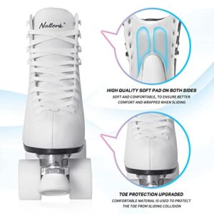 Nattork Roller Skates for Women and Girls, PU Leather High-top Quad Skates for Beginner, Indoor Outdoor Double-Row Skates for Adults - White