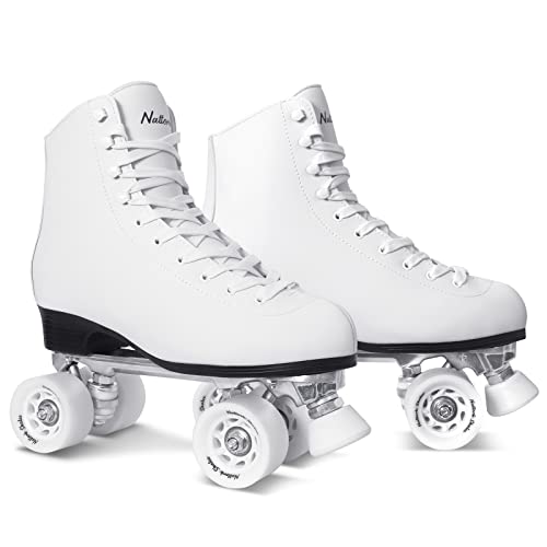 Nattork Roller Skates for Women and Girls, PU Leather High-top Quad Skates for Beginner, Indoor Outdoor Double-Row Skates for Adults - White