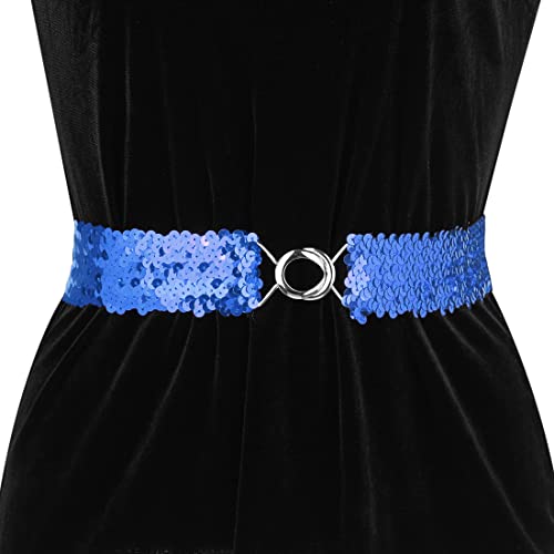 Allegra K Womens Glitter Skinny Stretchy Waist Belts Sequins Decor Slim Elastic Belts 64cm/25.19" Royal Blue