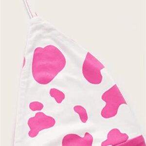 Verdusa Women's Cow Print O Ring Deep V Neck Tie Backless Crop Halter Top White Hot Pink S