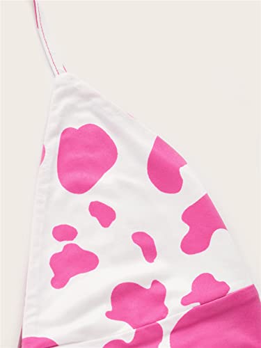 Verdusa Women's Cow Print O Ring Deep V Neck Tie Backless Crop Halter Top White Hot Pink S