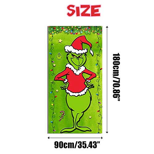 Grinch Christmas Door Cover Decorations Grinch Green Backdrop Merry Christmas Porch Sign for Indoor Outside Front Door Party Supplies