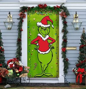 grinch christmas door cover decorations grinch green backdrop merry christmas porch sign for indoor outside front door party supplies