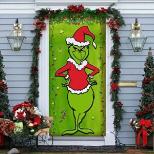 Grinch Christmas Door Cover Decorations Grinch Green Backdrop Merry Christmas Porch Sign for Indoor Outside Front Door Party Supplies