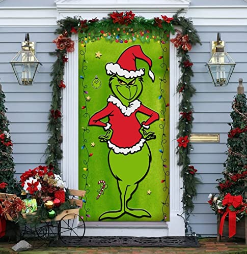 Grinch Christmas Door Cover Decorations Grinch Green Backdrop Merry Christmas Porch Sign for Indoor Outside Front Door Party Supplies