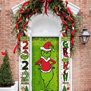 Grinch Christmas Door Cover Decorations Grinch Green Backdrop Merry Christmas Porch Sign for Indoor Outside Front Door Party Supplies