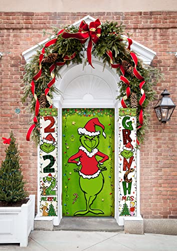 Grinch Christmas Door Cover Decorations Grinch Green Backdrop Merry Christmas Porch Sign for Indoor Outside Front Door Party Supplies