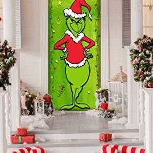 Grinch Christmas Door Cover Decorations Grinch Green Backdrop Merry Christmas Porch Sign for Indoor Outside Front Door Party Supplies