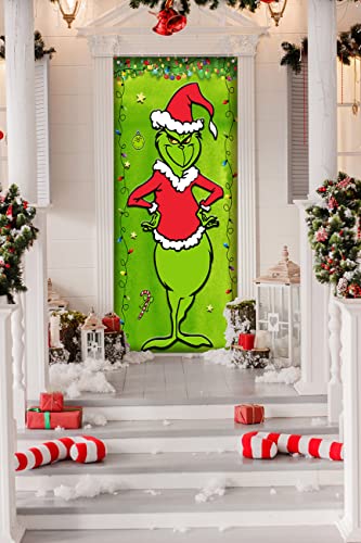 Grinch Christmas Door Cover Decorations Grinch Green Backdrop Merry Christmas Porch Sign for Indoor Outside Front Door Party Supplies