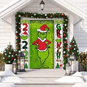 Grinch Christmas Door Cover Decorations Grinch Green Backdrop Merry Christmas Porch Sign for Indoor Outside Front Door Party Supplies