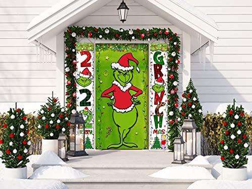 Grinch Christmas Door Cover Decorations Grinch Green Backdrop Merry Christmas Porch Sign for Indoor Outside Front Door Party Supplies