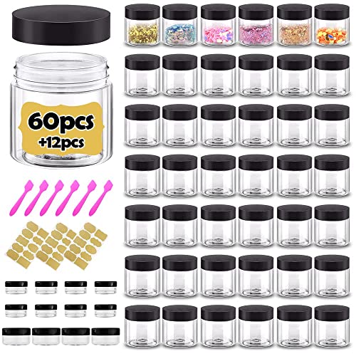 2 oz Plastic Containers with Lids 60pcs Plastic Jars with Lids + 3/5/10 Gram 12pcs Sample Containers Travel Jar– Great for Travel,Lip Scrub,Body Butters,Cream,Lotion Free Labels & Spatulas (72 Pack)