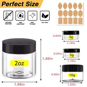 2 oz Plastic Containers with Lids 60pcs Plastic Jars with Lids + 3/5/10 Gram 12pcs Sample Containers Travel Jar– Great for Travel,Lip Scrub,Body Butters,Cream,Lotion Free Labels & Spatulas (72 Pack)